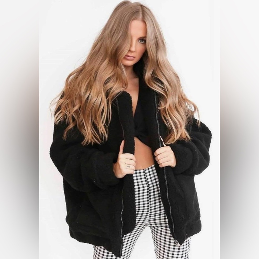 Casual Fleece Fuzzy Faux Shearling Warm Oversized Outwear Jacket Shaggy Coat